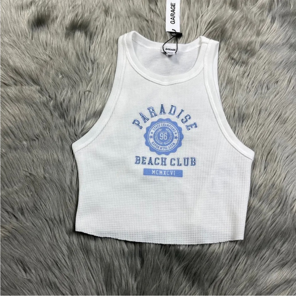 Garage White Blue High Neck Waffle Tank Top XS